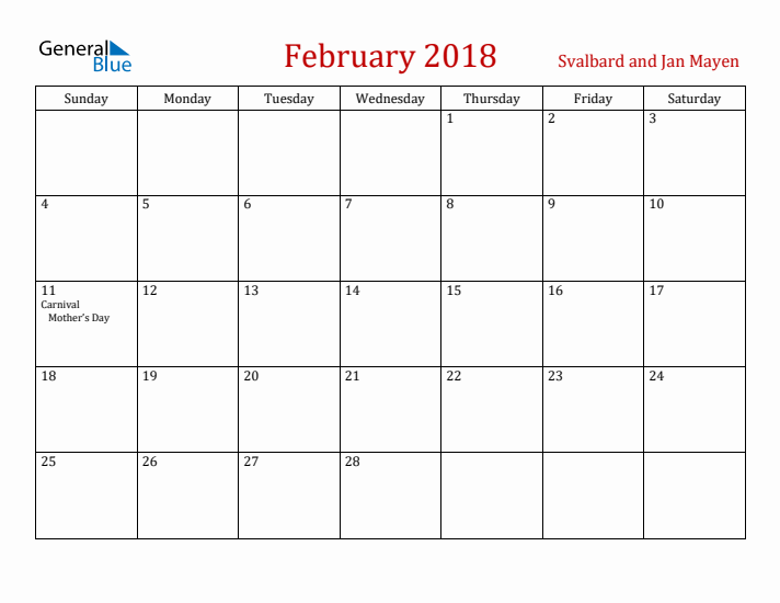 Svalbard and Jan Mayen February 2018 Calendar - Sunday Start