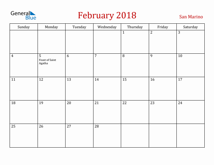 San Marino February 2018 Calendar - Sunday Start