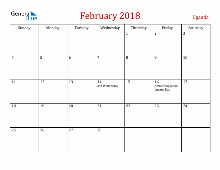 Uganda February 2018 Calendar - Sunday Start