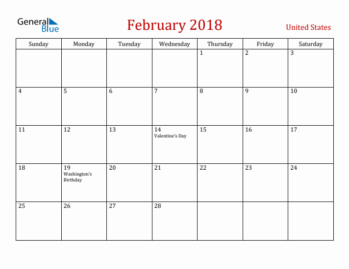 United States February 2018 Calendar - Sunday Start