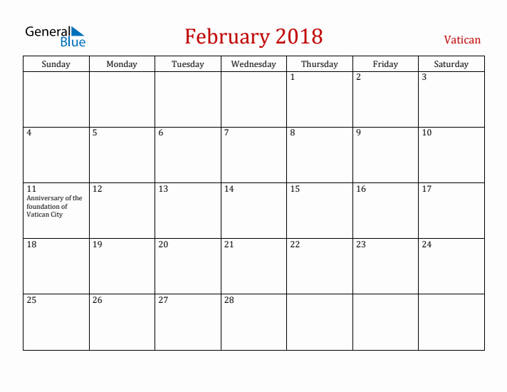 Vatican February 2018 Calendar - Sunday Start