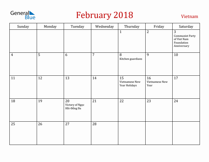Vietnam February 2018 Calendar - Sunday Start