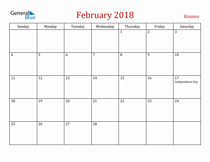 Kosovo February 2018 Calendar - Sunday Start