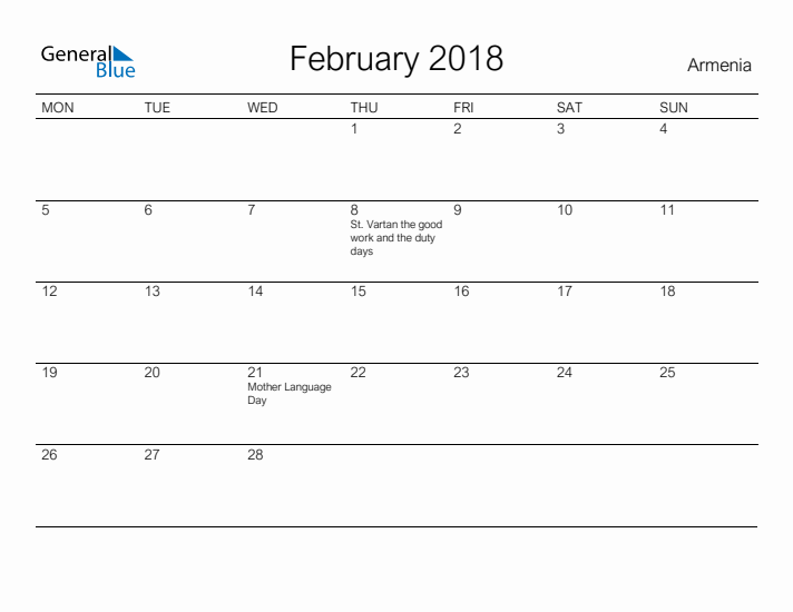 Printable February 2018 Calendar for Armenia