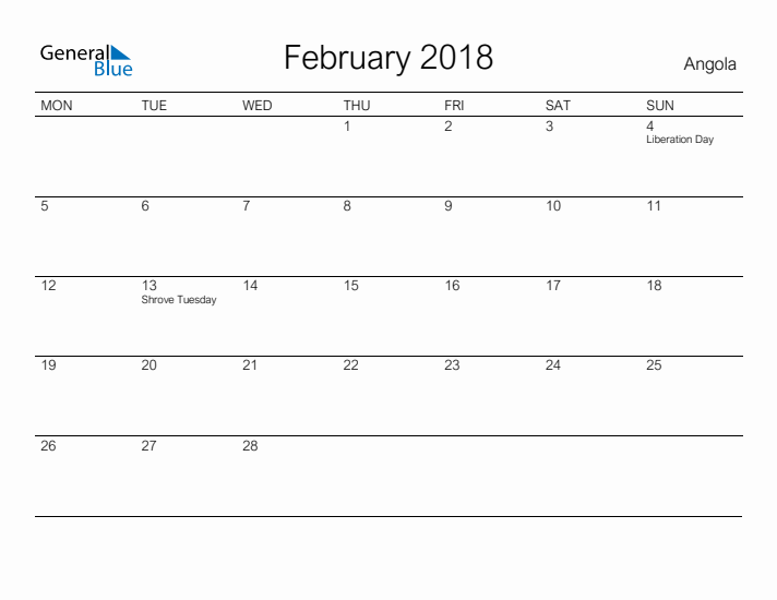 Printable February 2018 Calendar for Angola