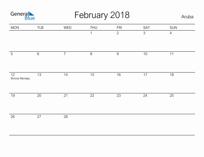 Printable February 2018 Calendar for Aruba