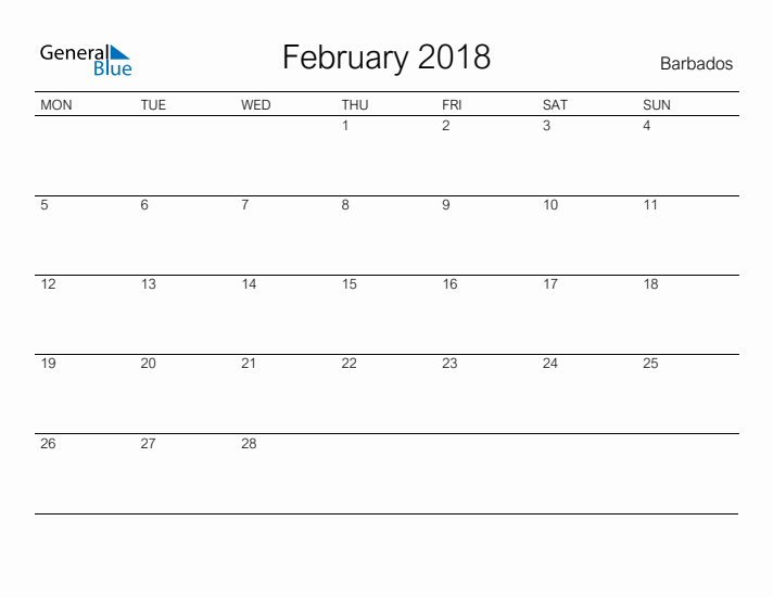 Printable February 2018 Calendar for Barbados