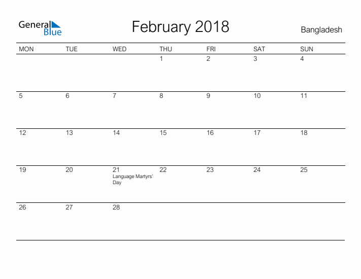 Printable February 2018 Calendar for Bangladesh