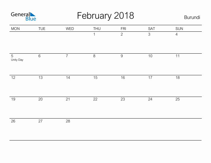 Printable February 2018 Calendar for Burundi