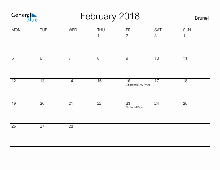 Printable February 2018 Calendar for Brunei