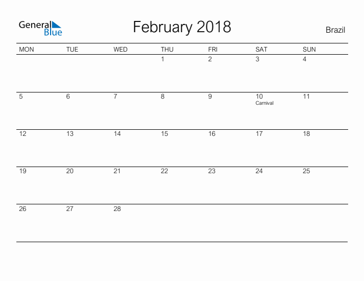 Printable February 2018 Calendar for Brazil