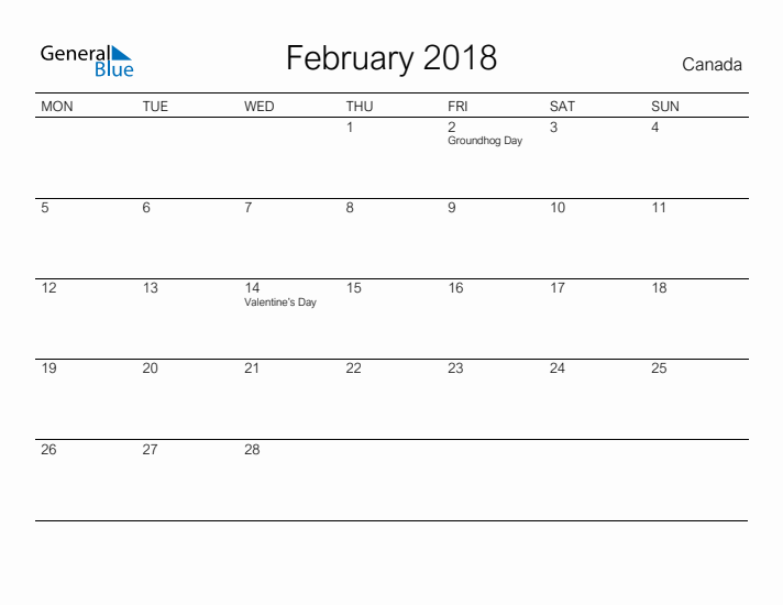 Printable February 2018 Calendar for Canada