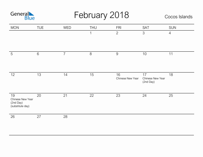 Printable February 2018 Calendar for Cocos Islands