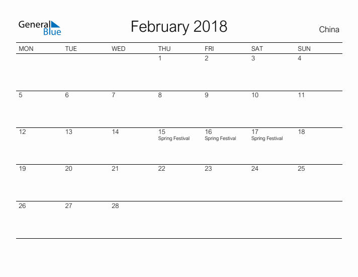 Printable February 2018 Calendar for China