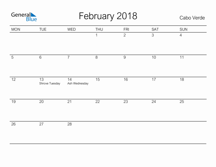 Printable February 2018 Calendar for Cabo Verde