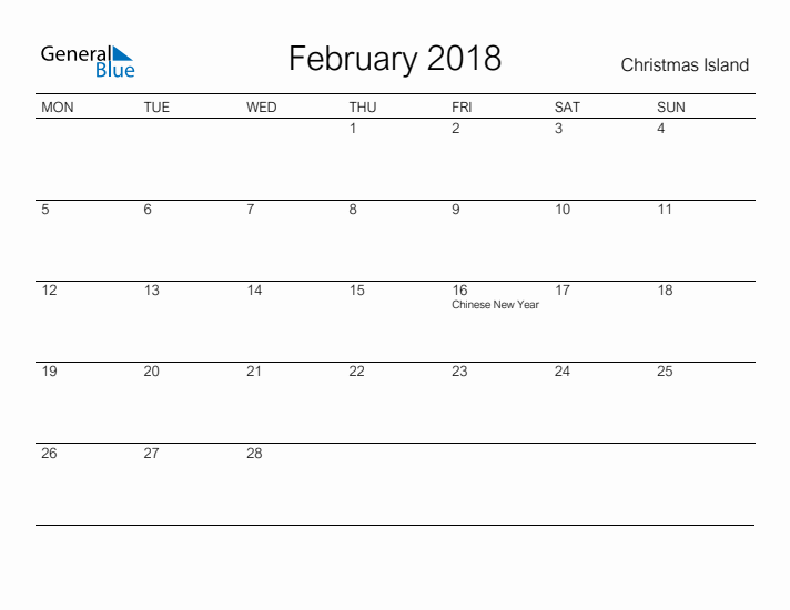 Printable February 2018 Calendar for Christmas Island