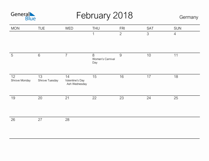 Printable February 2018 Calendar for Germany