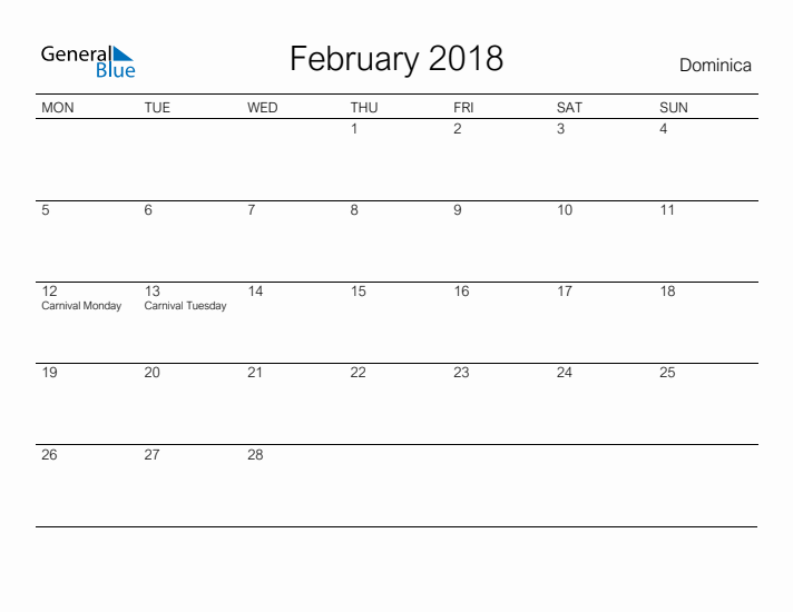 Printable February 2018 Calendar for Dominica