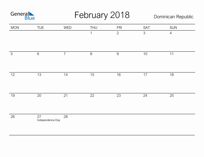 Printable February 2018 Calendar for Dominican Republic