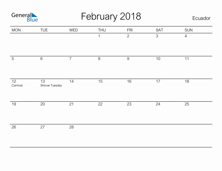 Printable February 2018 Calendar for Ecuador