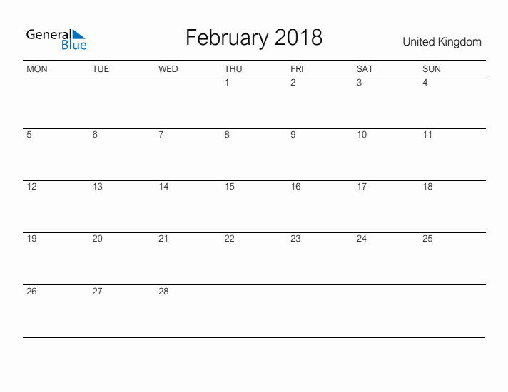 Printable February 2018 Calendar for United Kingdom
