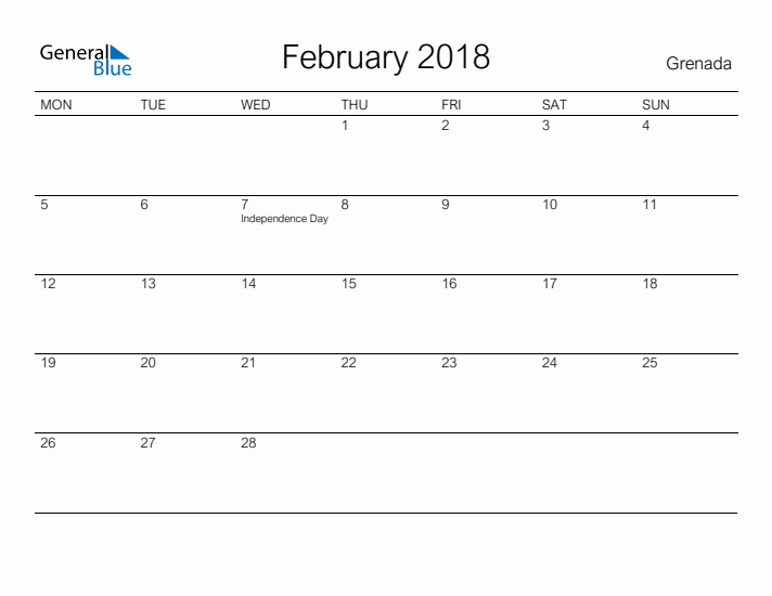 Printable February 2018 Calendar for Grenada
