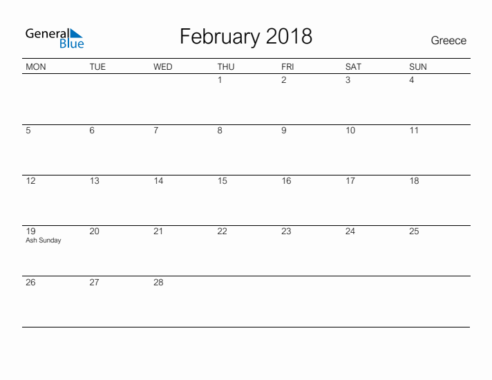 Printable February 2018 Calendar for Greece