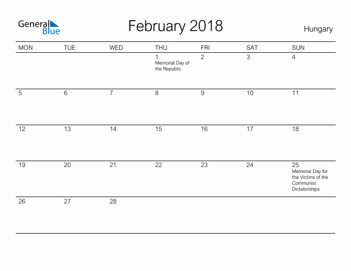 Printable February 2018 Calendar for Hungary