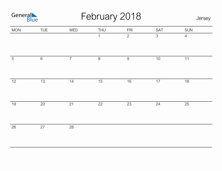 Printable February 2018 Calendar for Jersey