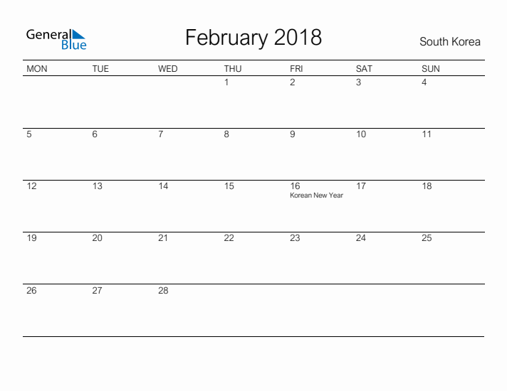Printable February 2018 Calendar for South Korea