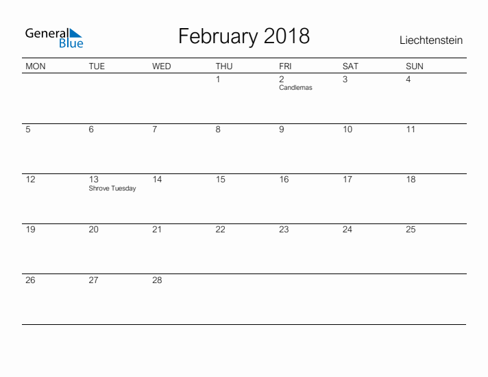 Printable February 2018 Calendar for Liechtenstein