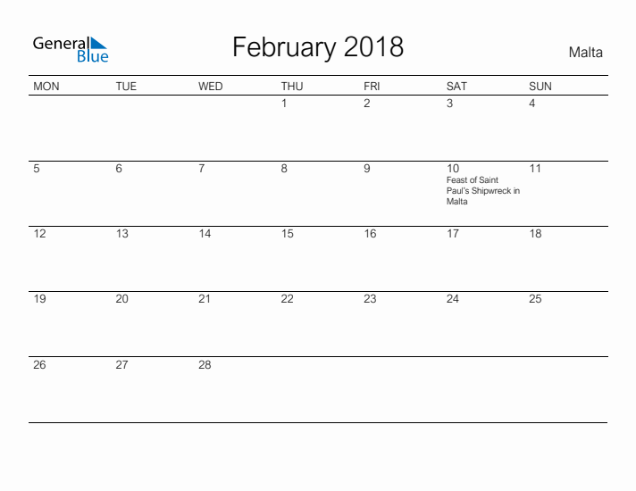 Printable February 2018 Calendar for Malta
