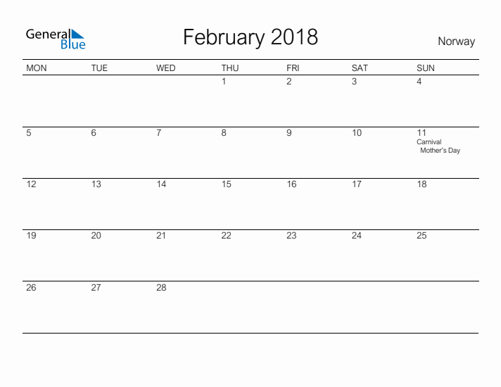 Printable February 2018 Calendar for Norway
