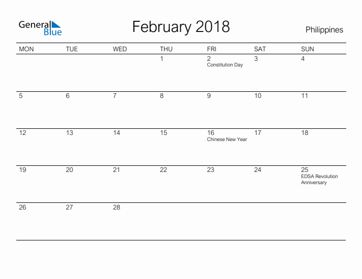 Printable February 2018 Calendar for Philippines