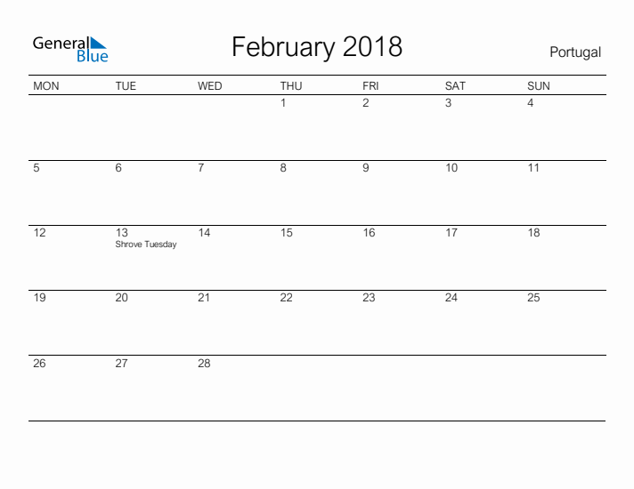 Printable February 2018 Calendar for Portugal