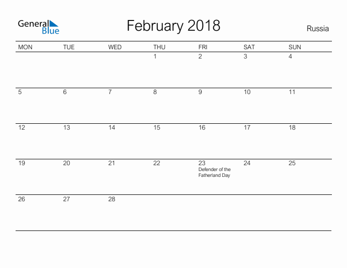 Printable February 2018 Calendar for Russia
