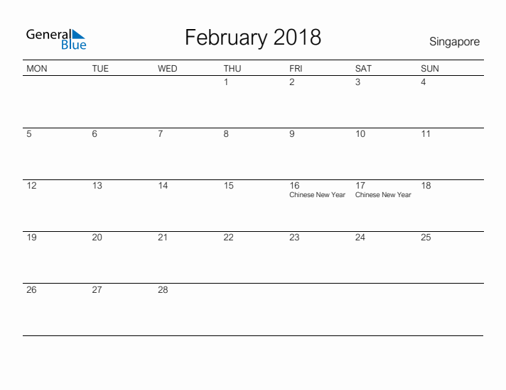 Printable February 2018 Calendar for Singapore