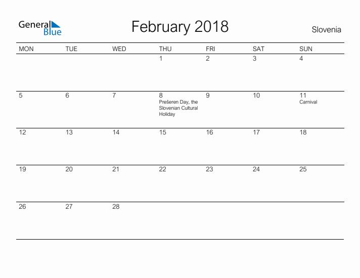 Printable February 2018 Calendar for Slovenia
