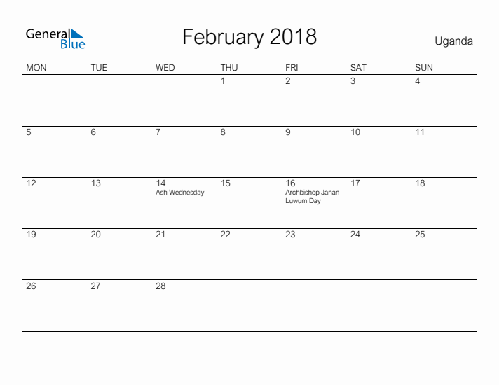 Printable February 2018 Calendar for Uganda