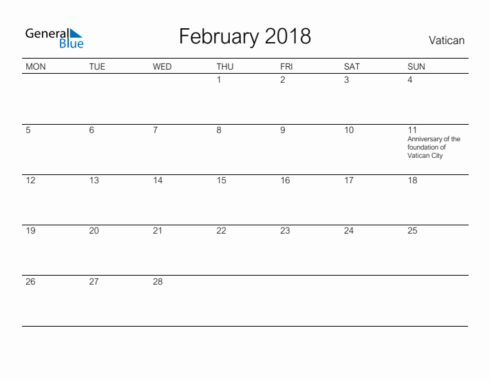 Printable February 2018 Calendar for Vatican