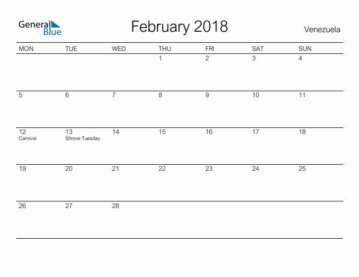 Printable February 2018 Calendar for Venezuela