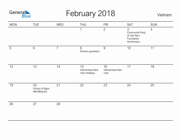 Printable February 2018 Calendar for Vietnam
