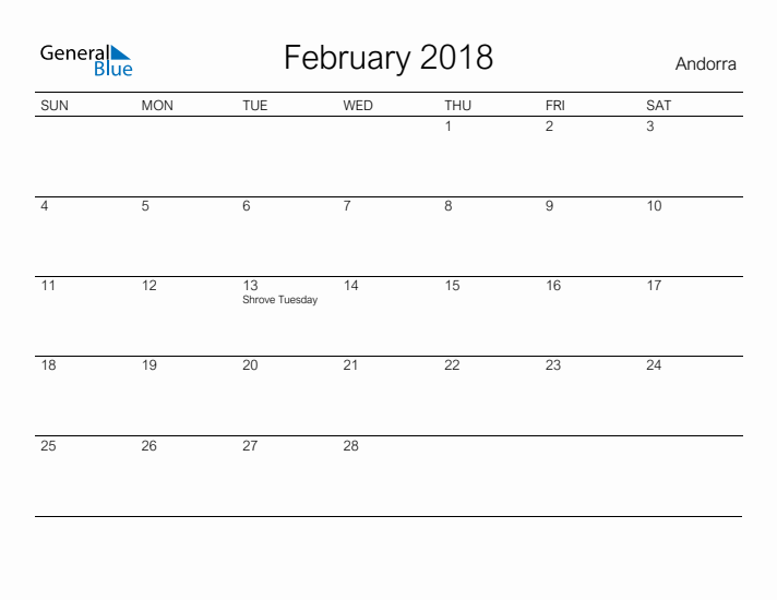 Printable February 2018 Calendar for Andorra