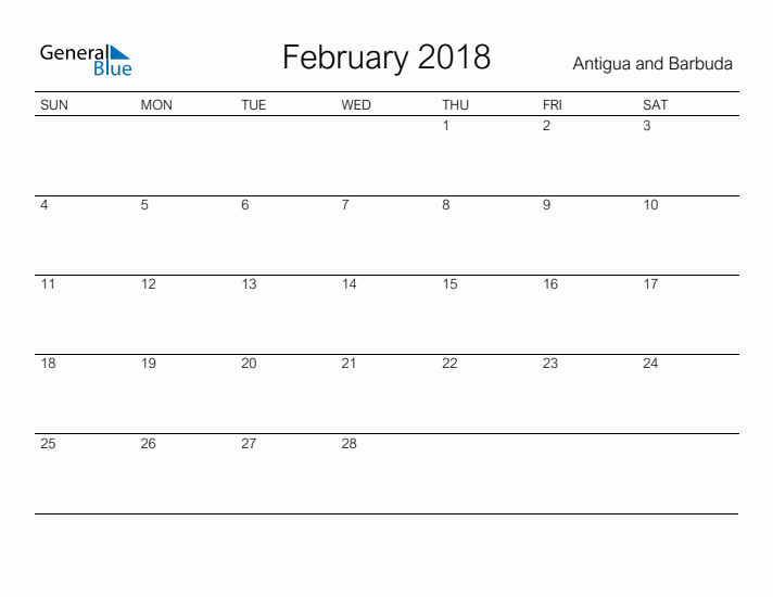 Printable February 2018 Calendar for Antigua and Barbuda