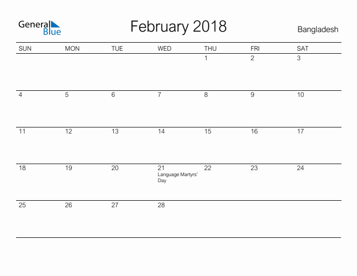 Printable February 2018 Calendar for Bangladesh