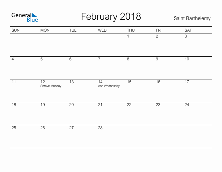 Printable February 2018 Calendar for Saint Barthelemy