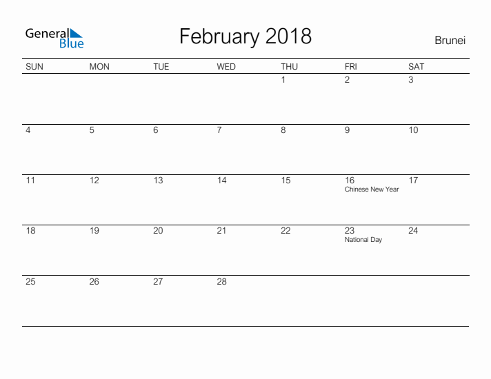 Printable February 2018 Calendar for Brunei