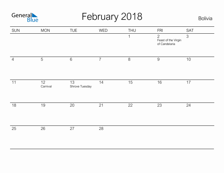 Printable February 2018 Calendar for Bolivia