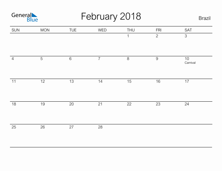 Printable February 2018 Calendar for Brazil