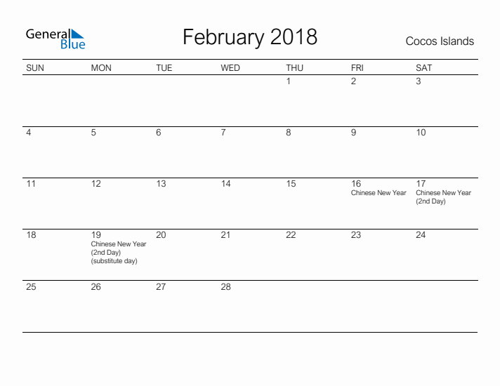 Printable February 2018 Calendar for Cocos Islands